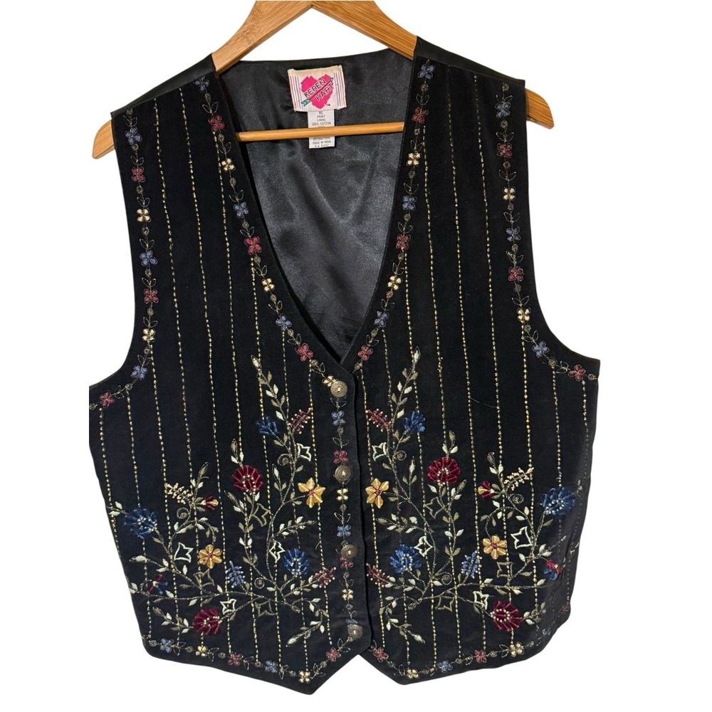 VTG 90s Keren Hart Embroidered Vest XL Black Velvet Floral Beaded Boho NWOT